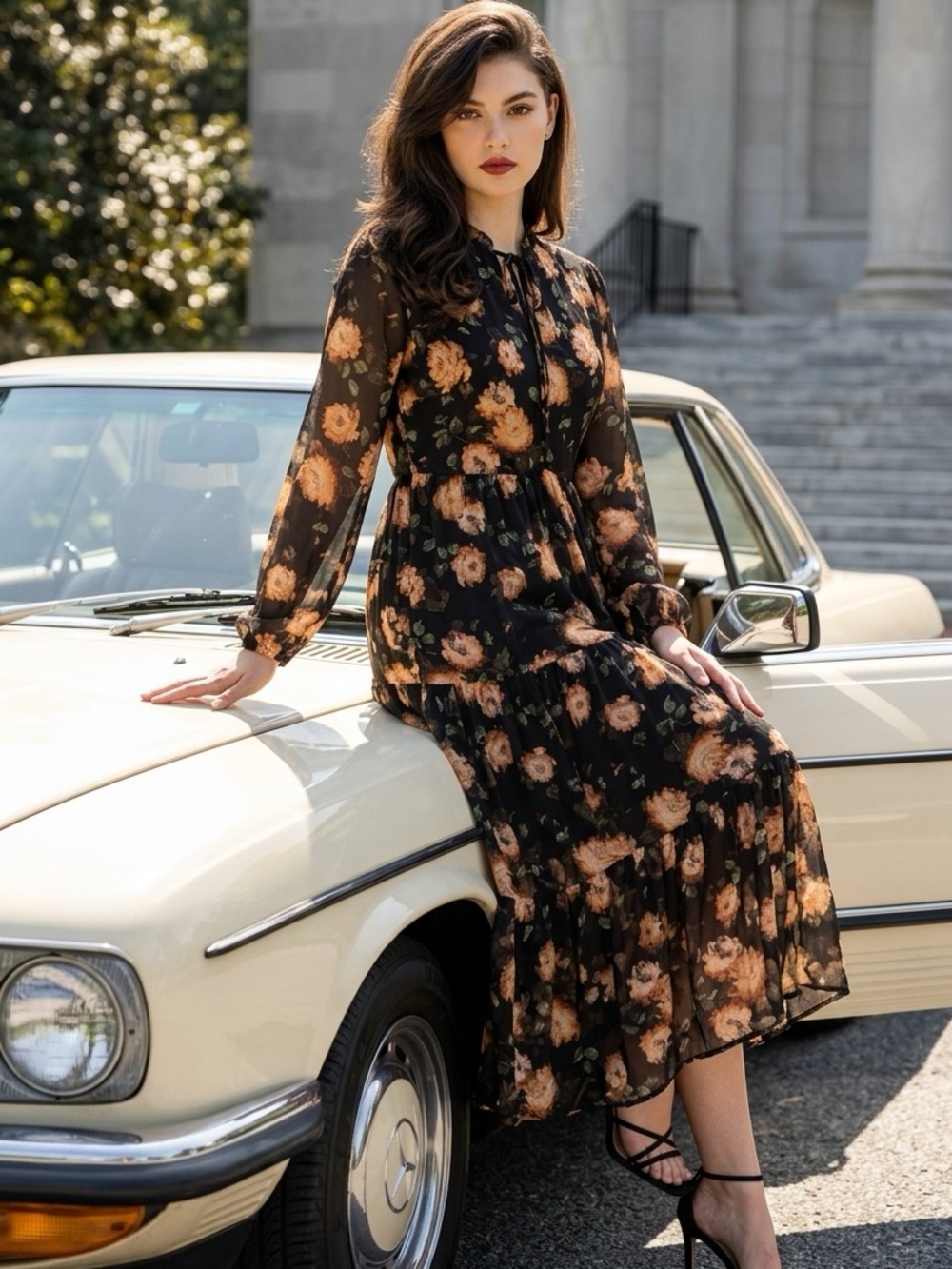 In February Dress Womens L Black Multi Floral Tiered Midi Long Sleeve NWT